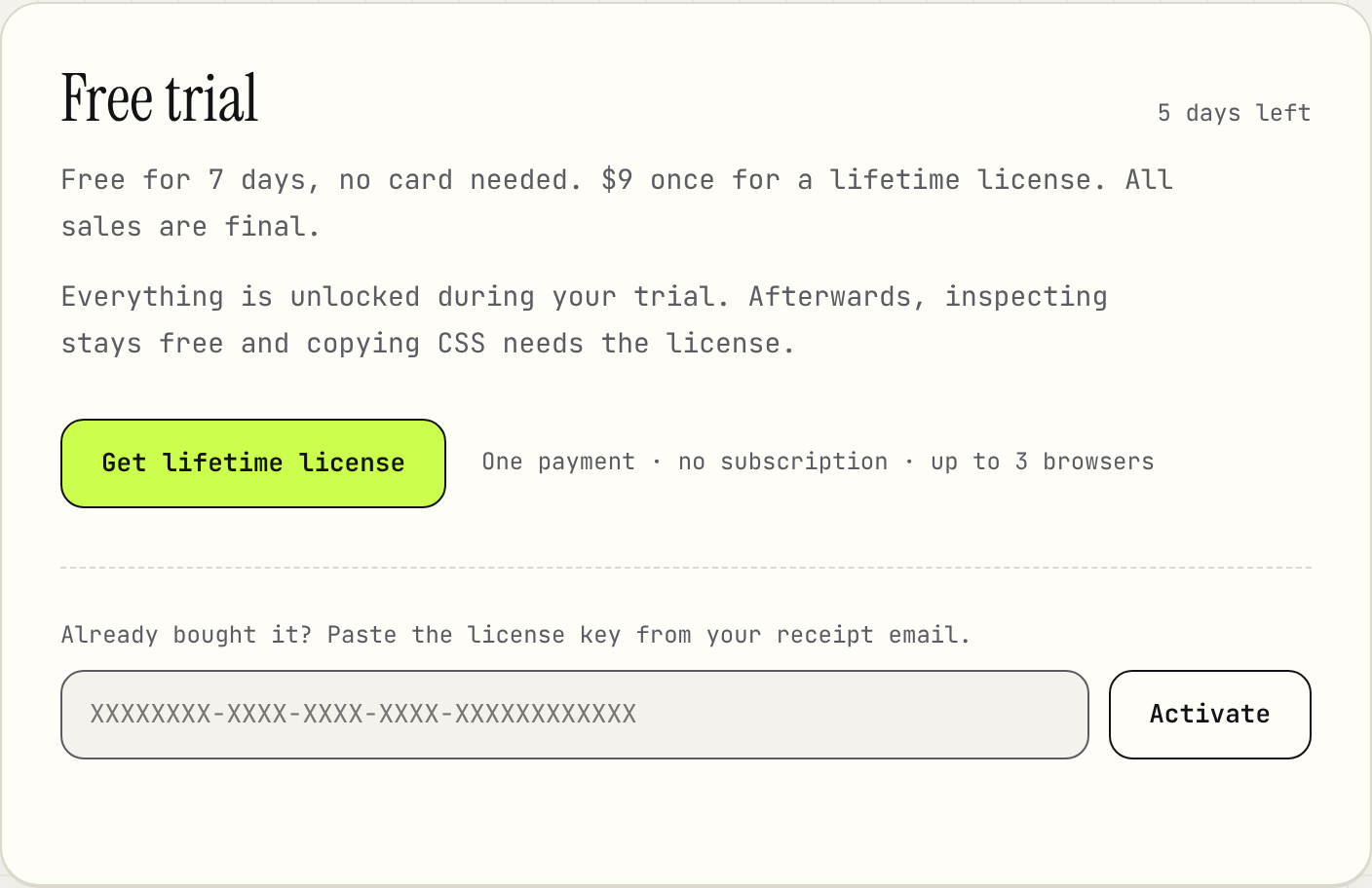 StyleLift’s options page during the trial: the pricing line, a “Get lifetime license” button, and below it the field “Already bought it? Paste the license key from your receipt email.” with an Activate button.